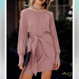 BTFBM Amazon, Dusty Rose, Casual Long Sleeve, wrap tie front, Mini dress Size, M